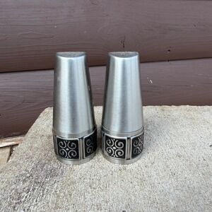 Vtg Rogers Insilco Fashion Stainless Salt and Pepper Shakers MCM Japan Scroll